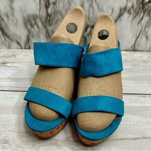 Lane Bryant Blue Faux Suede Slide Sandals Cork Wedge Heel Summer Vibes Vacay Sea